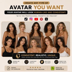 May include: A digital advertisement featuring ten diverse women with various hair colours and styles, arranged in two rows. The text reads: CREATE ANY TYPE OF AVATAR YOU WANT, YOUR AVATAR WILL LOOK HUMAN-LIKE AND CONSISTENT, and CONSISTENT. REALISTIC. UNIQUE.