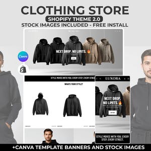 Può includere: Immagine promozionale per un tema Shopify per negozi di abbigliamento. L'immagine presenta un mockup di sito web con felpe con cappuccio e il testo "NEXT DROP. NO LIMITS." L'immagine include anche il testo "CLOTHING STORE" e "+CANVA TEMPLATE BANNERS AND STOCK IMAGES."
