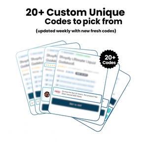 Könnte beinhalten: Bild mit mehreren digitalen Produkt-Mockups mit dem Text "20+ Custom Unique Codes to pick from". Ein schwarzes Abzeichen lautet "20+ Codes". Die Mockups zeigen Produktansichten und eine Benachrichtigung, dass das Produkt 800 Mal angesehen wurde.