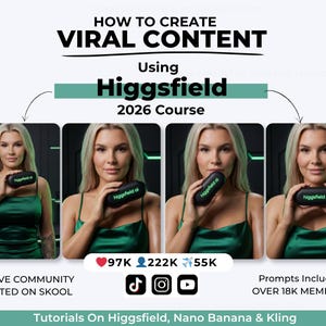 Op de afbeelding: Promotieafbeelding voor een cursus over het creëren van virale content met Higgsfield. De afbeelding toont een vrouw die een zwart apparaat vasthoudt met de tekst "higgsfield ai". De afbeelding bevat tekst over de cursus, de actieve community en prompts.
