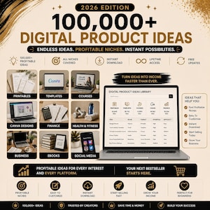 May include: A digital product guide titled 2026 Edition 100,000+ Digital Product Ideas. The graphic features a laptop displaying a library interface, categorized sections for printables, templates, courses, finance, and social media, with gold and black text.