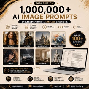 Könnte beinhalten: Eine digitale Produktwerbung für 1.000.000+ KI-Bild-Prompts, Ausgabe 2026. Die Grafik zeigt einen Laptop mit einer Prompt-Bibliothek, Symbole für Sofort-Download und lebenslangen Zugriff sowie acht Bildkategorien: Porträts, Fantasy, Architektur, Aquarell, Anime, Autos, Innenräume und Sci-Fi.