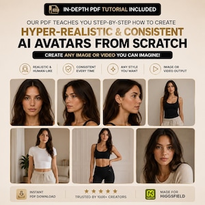 Op de afbeelding: Een digitale gids getiteld IN-DEPTH PDF TUTORIAL INCLUDED: OUR PDF TEACHES YOU STEP-BY-STEP HOW TO CREATE HYPER-REALISTIC & CONSISTENT AI AVATARS FROM SCRATCH. Het bevat zes foto's van een persoon met lang bruin haar in verschillende outfits.