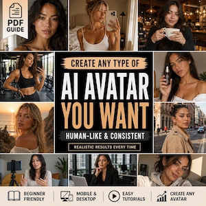 Pode incluir: Um guia digital com o texto CREATE ANY TYPE OF AI AVATAR YOU WANT HUMAN-LIKE & CONSISTENT REALISTIC RESULTS EVERY TIME, rodeado por uma colagem de imagens que mostram uma pessoa em vários ambientes, incluindo um ginásio, um escritório e ao ar livre.