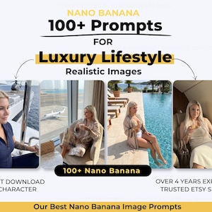 May include: An advertisement for "Nano Banana" featuring the text "100+ Prompts for Luxury Lifestyle Realistic Images." The image includes four lifestyle photos of a woman in various luxury settings, such as a yacht, a private jet, and a pool.
