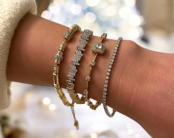 18K Gold Zigzag Bangle Bracelet, Thick Stackable Bracelet