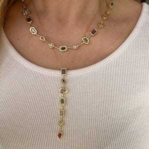 925 Sterling Silver Multicoloured Necklace,Elegant Rainbow Necklace - Multi Station Rainbow Gold Plated Colorful Gemstone Necklace For Women