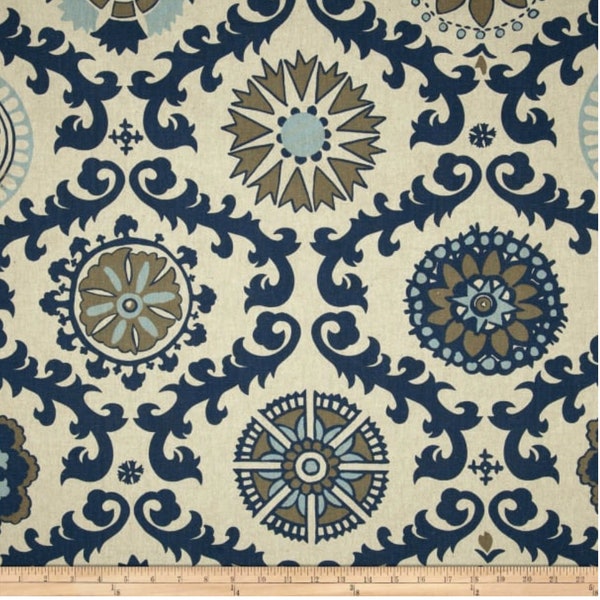 SHIPS FAST. Blue Tan Fabric, Rosa indigo Laken fabric. Floral Premier prints Fabric. Blue Tan Home Decor Fabric