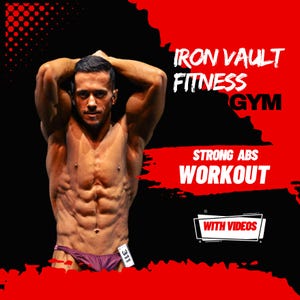 May include: A man with a defined six-pack poses with his hands behind his head. The background is red and black with the text "IRON VAULT FITNESS GYM" and "STRONG ABS WORKOUT" in white. A small white box with the text "WITH VIDEOS" is in the lower right corner.