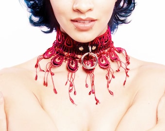 BDSM Collar Red Lace  - PEACOCK Black Leather with BURGUNDY Venice Lace - Fetish Bondage collar