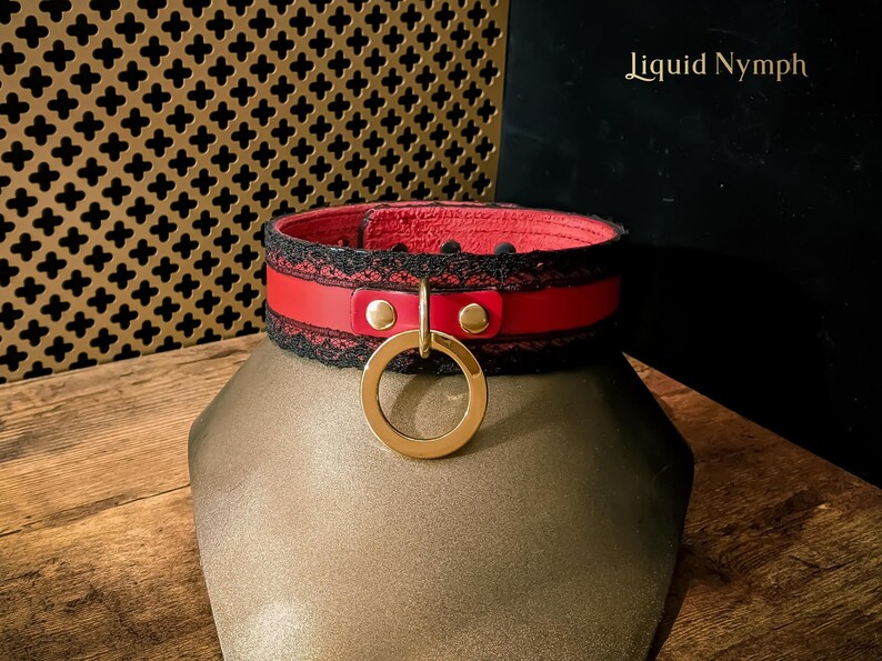 Gold & Red Leather Collar, Cuff, Leash Set Black Lace Luxury Leather BDSM Choker Fantasy Cosplay DDLG Restraint Lace Fetish Kinky image 5