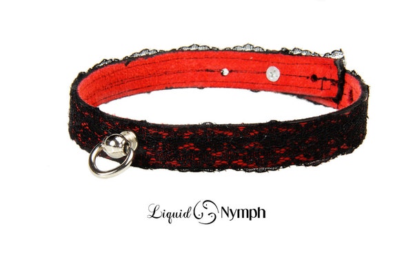 Red Leather BDSM Collar: Black Lace Locking O Ring Choker