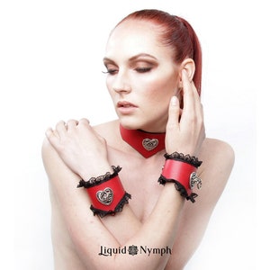 CELTIC HEART BDSM Collar Leather Cuffs Strong ddlg Red Black Lace Rope Chain Leash Kitten Play Day Submissive Slave image 6