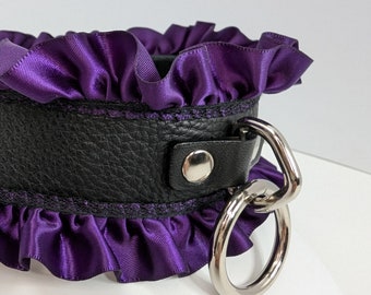 Luxury Leather BDSM Collar: Purple Lace, Silver Hardware