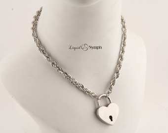 Rhodium Rope Chain Day Collar: Heart Padlock Locking Necklace