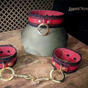 Gold & Red Leather Collar, Cuff, Leash Set Black Lace Luxury Leather BDSM Choker Fantasy Cosplay DDLG Restraint Lace Fetish Kinky image 3