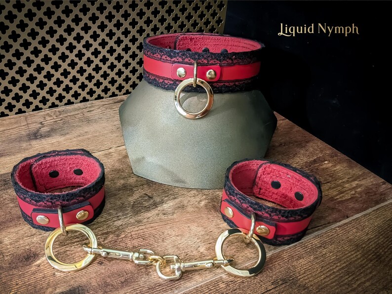 Gold & Red Leather Collar, Cuff, Leash Set Black Lace Luxury Leather BDSM Choker Fantasy Cosplay DDLG Restraint Lace Fetish Kinky image 3