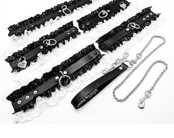 Catherine Collar Cuff Leash set. Black Leather, Satin Ruffle. Elegant Submissive Evening Choker Gothic Slave Locking Ddlg Bondage Kitten