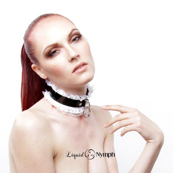 French Maid BDSM Collar - AMELIE - Black Leather ORing  White Satin - Kitten Play Victorian Choker DDLG