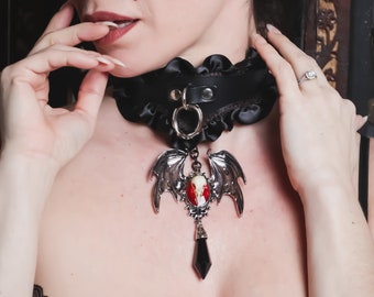 SHADOWFALL Collar, Vampire Goth Leather + Leash, Luxury Gothic BDSM Choker Fantasy Cosplay DDLG Restraint Bondage Black Lace Fetish Kinky