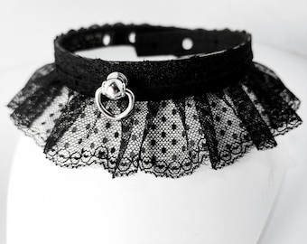 Leather & Lace Bondage Collar with Leash, Gothic Kinky Choker