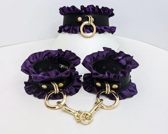 Luxury Leather Collar Set: Purple Lace, Gold Hardware, Wrist Cuffs & Leash