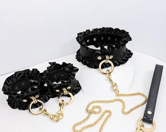 Black Leather Collar, Cuffs & Leash Set - Ruffle Trim, Gold Hardware | Lynette