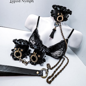 Leather Collar with Leash Set Black Leather and Lace Elegant Submissive Evening Choker Gothic Slave Locking Ddlg Bondage Kitten ANNELISE