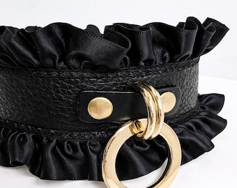 Black Leather Collar Bondage Choker Leather Restraint  Gold Black  Sensual BDSM Sensual Kink  Elegant Lynette
