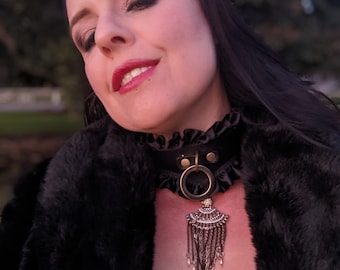Annemore Collar Supple Black Leather & Leash Antique Brass Hardware and witchy elegant chain charm Bondage Collar Fetish Gothic Vampire Gold