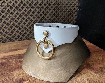 White Leather Pointed Collar: Silver & Gold Leash Attachment