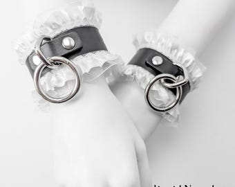Black Leather French Maid Cuffs with Lace - Sensual BDSM