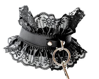 Black Leather Lace BDSM Collar, Couture Ruffle Choker