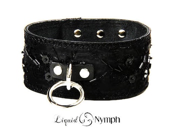 Bondage Collar- Black Leather Posture Collar with Black Beaded Organza Overlay -Entity-BDSM Kitten Play Slave Bondage Collar