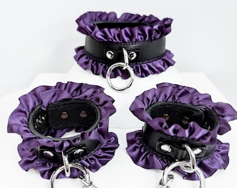 Leather Bondage Collar and Cuffs, Purple Satin Trim, Kink Gear