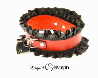 Red Leather BDSM Collar with Black Satin Ruffle - Corrine- Dog/Kitty Slave Collar- Bondage & Submissive kitten play DDlg Collar