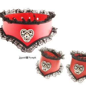 CELTIC HEART BDSM Collar Leather Cuffs Strong ddlg Red Black Lace Rope Chain Leash Kitten Play Day Submissive Slave image 1