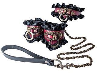 Red Leather Collar & Cuff Set, Steampunk BDSM Restraints with Leash
