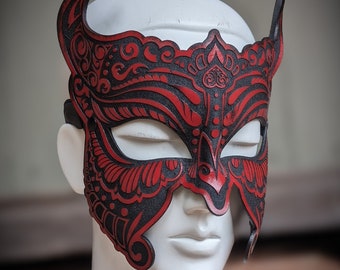 RED Devil Mask - Stunning Leather Mask Hand Molded Laser Etched Sexy Erotic BDSM kinky Eyes Wide Shut Fetish Animal Unique USA