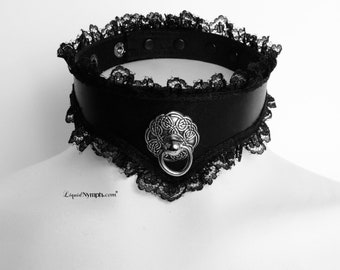 Bondage Collar Celtic Knot  on Black Leather  with Ruffled Lace BDSM  Fetish Choker Gift & Slave Submissive Choker Valentine's day