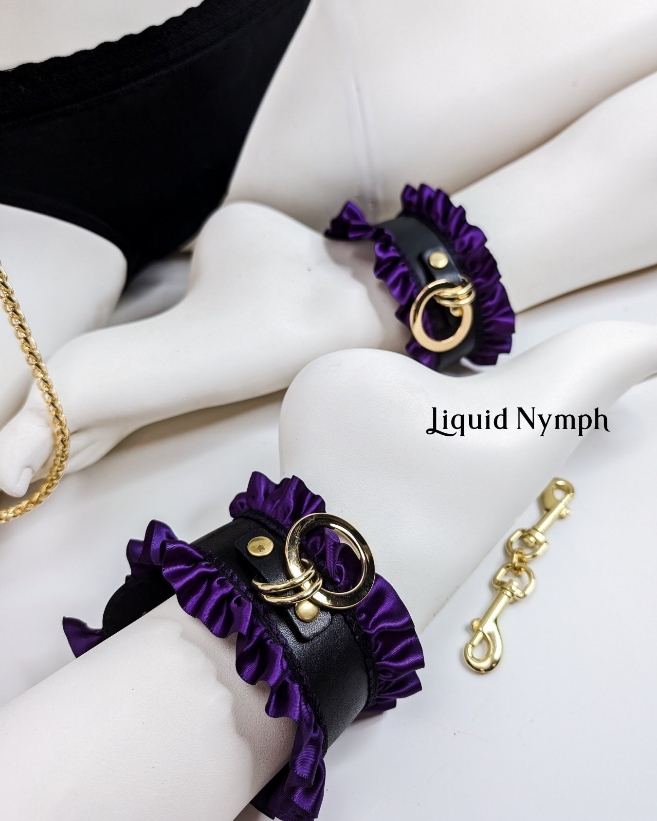 Luxury BDSM Cuffs Set Lynette Purple Lace with Gold Hardware Leather Wrist & Ankle Restraints Elegant Bondage Accessories Fetish Play