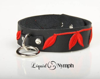 BDSM Bondage Locking Collar Flora Jewelry Kitten/ Sex/ Adult/ Play Fetish DDLG Embroidered Red Vines Black Leather Collar