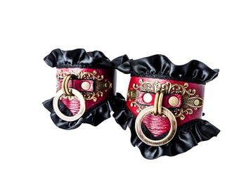 Red Leather Steampunk Cuffs with Black Lace, Antique Brass Detail