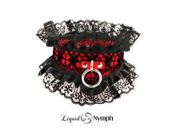 BDSM Collar Red Leather Black Lace  FemDom Choker Fetish Slave Kitten Play  Bondage BDSM Submissive