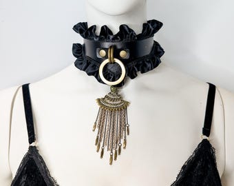 Leather Collar with Leash Set: Black Lace Evening Choker