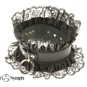 Bondage Leather Collar Black Feminine Collar Leather Satin Ruffle Lace Dominatrix Gothic Lolita Choker Valentines day Gift