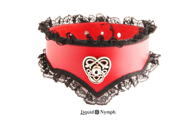 CELTIC HEART BDSM Collar Leather Cuffs Strong ddlg Red Black Lace Rope Chain Leash Kitten Play Day Submissive Slave image 2