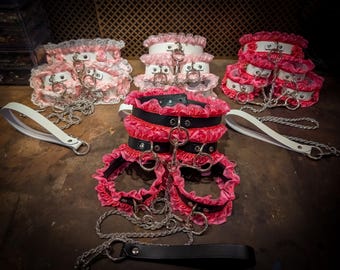 Sissy Maid Leather Collar Set: Pink Ruffle Cuffs, Leash & Blindfold