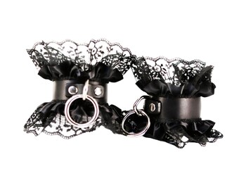 Black Leather Lace Cuffs Set: Ruffled BDSM Restraints