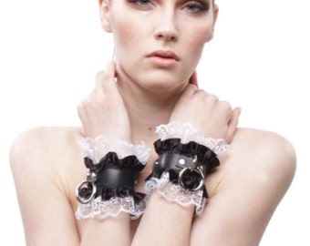 CATHERINE Leather Bondage Cuffs Victorian French Maid BDSM Black Leather White Lace Fetish Kitten Play Slave DDLg Wrist Restraints Cuff